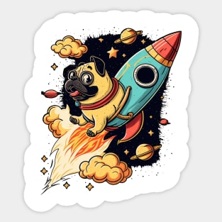 pug flying into space with a rocket Sticker